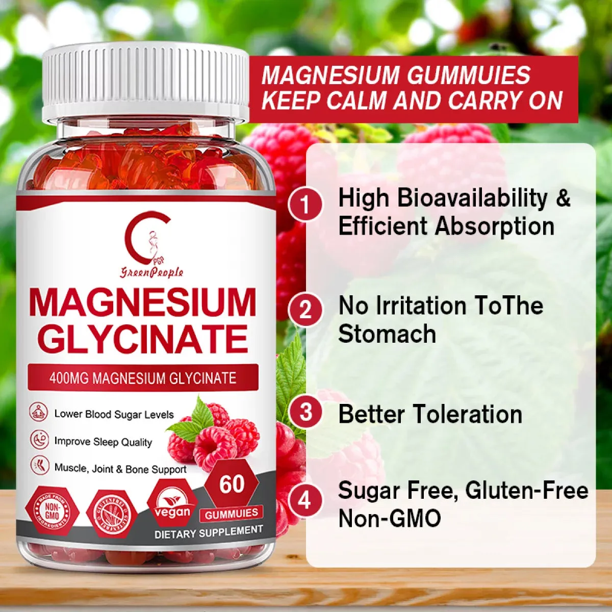 GPGP Magnesium Glycinate Gummies 400mg - Magnesium Potassium Supplement with Vitamin D, B6, CoQ10 for Relax, Sleep & Heart Health - 60 Raspberry Gummies