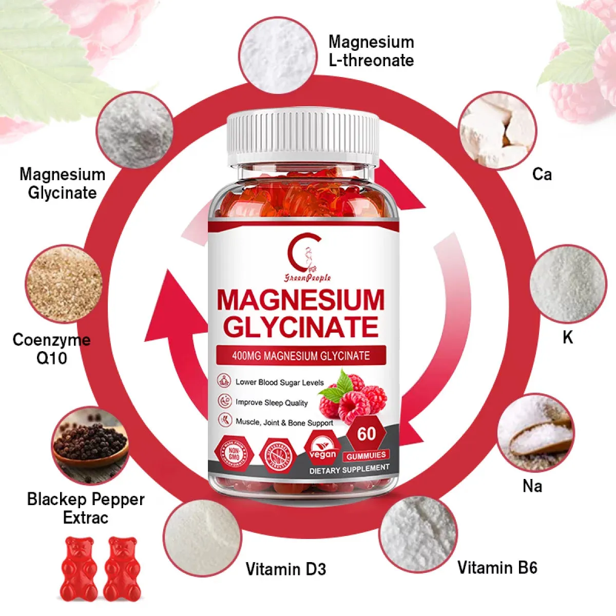GPGP Magnesium Glycinate Gummies 400mg - Magnesium Potassium Supplement with Vitamin D, B6, CoQ10 for Relax, Sleep & Heart Health - 60 Raspberry Gummies