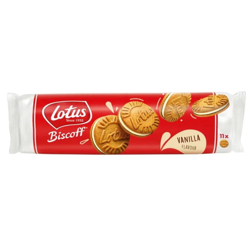 Lotus Biscoff Sandwich Biscuits Vanilla Cream Caramel 110g Pack 4